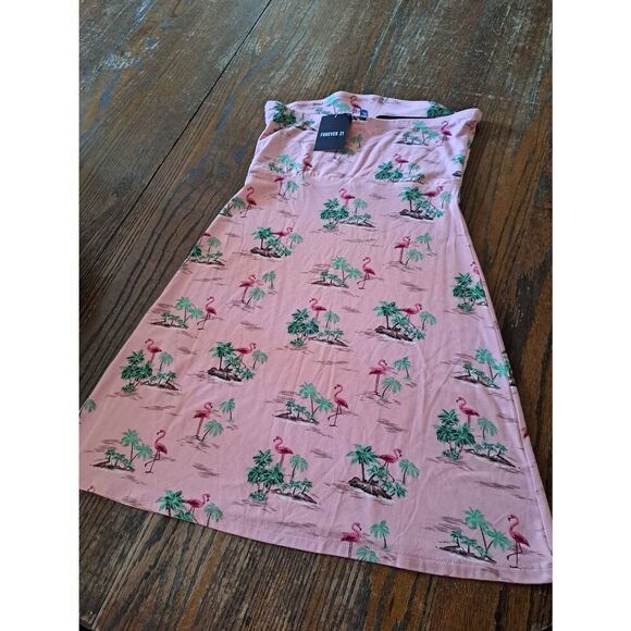 New Small Forever21 Sleeveless Mini Dress Sundress Flamingo Palm Tropical Pink - Picture 3 of 3